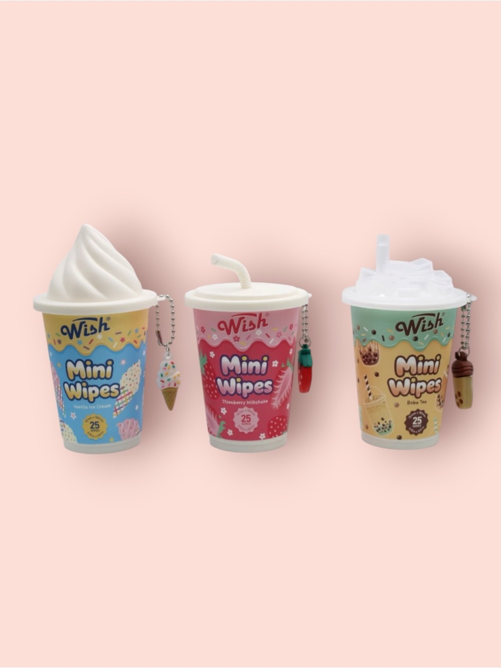 New Wish Milky Treats Mini Wipes Set of 3 Bag Charms Keychains Kawaii Cute Fun - Picture 2 of 2